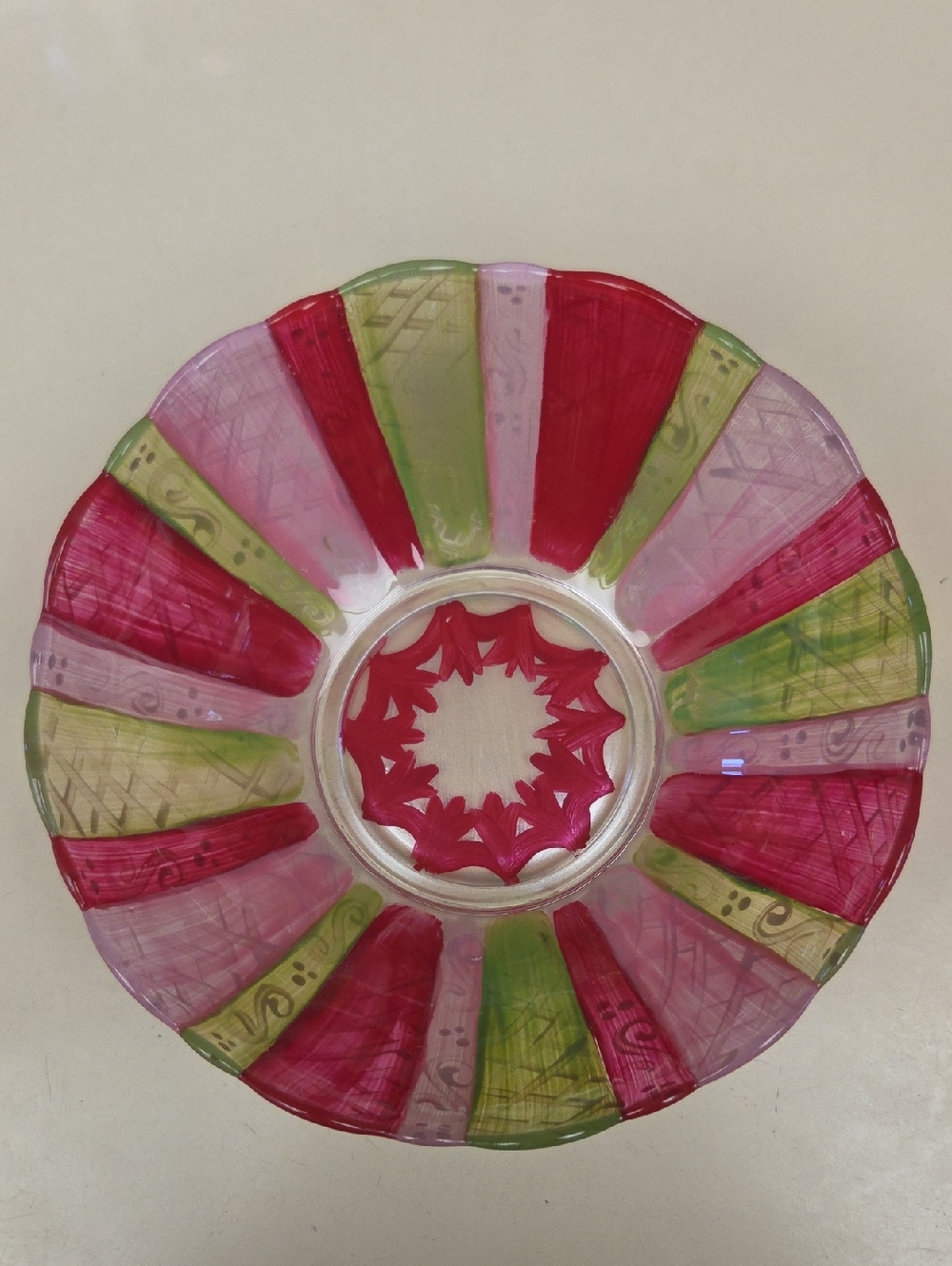 Hand-Painted Decorative Glass Bowl - Pink, Red & Green